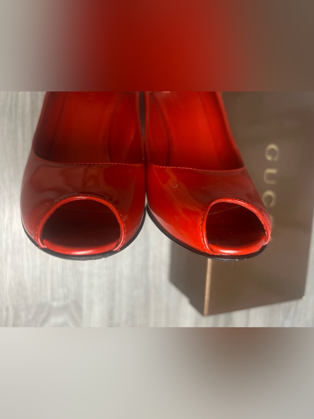 Gucci Red Patent Leather Peep Toe Wedge Pumps Heels Size 8 B - Picture 8 of 15